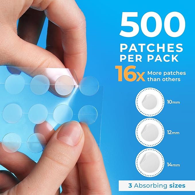 PatchRx Pimple Patches for Face (500 Patches), Hydrocolloid Acne Patches with Tea Tree Oil, Pimple Patch Pimple Stickers - Hydrocolloid Patch Acne Dots - Acne Pimple Patches For Face - Zit Patches