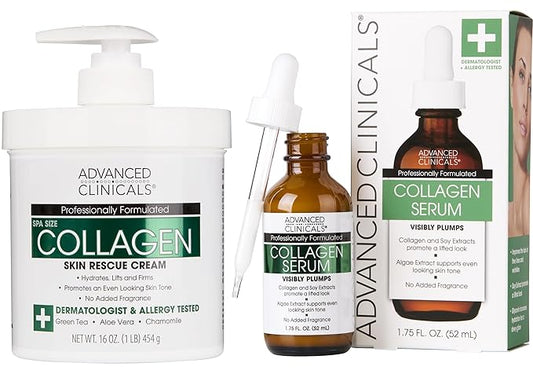 Advanced Clinicals Unscented Collagen Body Cream + Collagen Serum For Face 2PC Skincare Set | Face Serum & Body Lotion For Women & Men Helps Improve Look Of Wrinkles & Dry Skin, Fragrance Free, 2pc