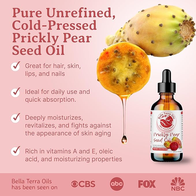 Bella Terra Oils - Prickly Pear Oil 4oz - Sourced from Pure Cactus Enclaves, Packed with Fatty Acids & Flavonoids, Impeccable for Silken Skin