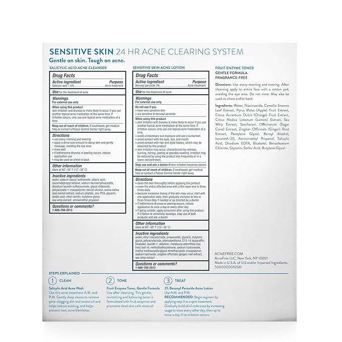 Acne Free 3-Step Acne Treatment Kit with Salicylic Acid Face Wash, Alcohol-Free Toner, & Benzoyl Peroxide Lotion for Sensitive Skin and Fighting Breakouts, 24 Hour Face Clearing System