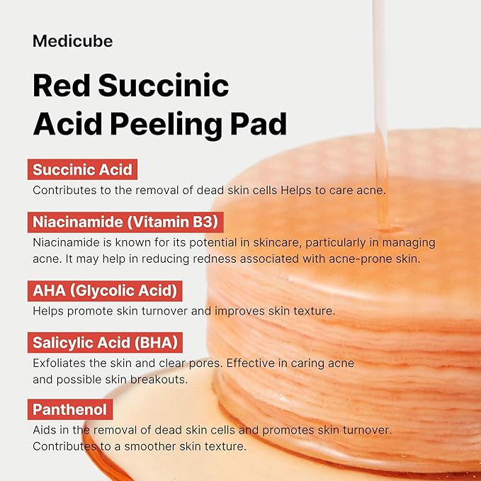 Medicube Red Succinic Acid Panthenol Facial Peeling Pads - Exfoliating Toner Pads for Breakout-Prone Skin with Niacinamide, AHA, BHA, and Soothing Panthenol - Non-Comedogenic