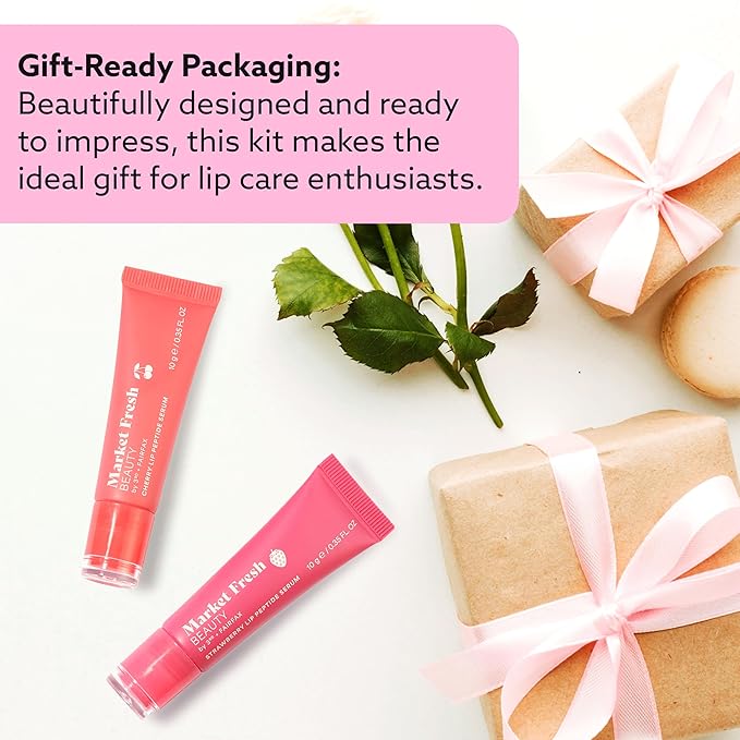 Peptide Glow Lip Serum Set by Market Fresh Beauty - Double Dose Hydrating Lip Care, Cherry & Strawberry Flavors, Vegan, Cruelty-Free, Clean Ingredients, 2 Pack