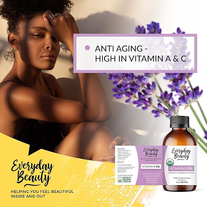 Organic Vitamin E Oil - Heavenly Lavender Scented USDA Certified 100% All Natural Plant Based 2oz - Lightweight and Great for Scars After Surgery - Reduce Wrinkles, Anti Aging, Lighten Dark Spots