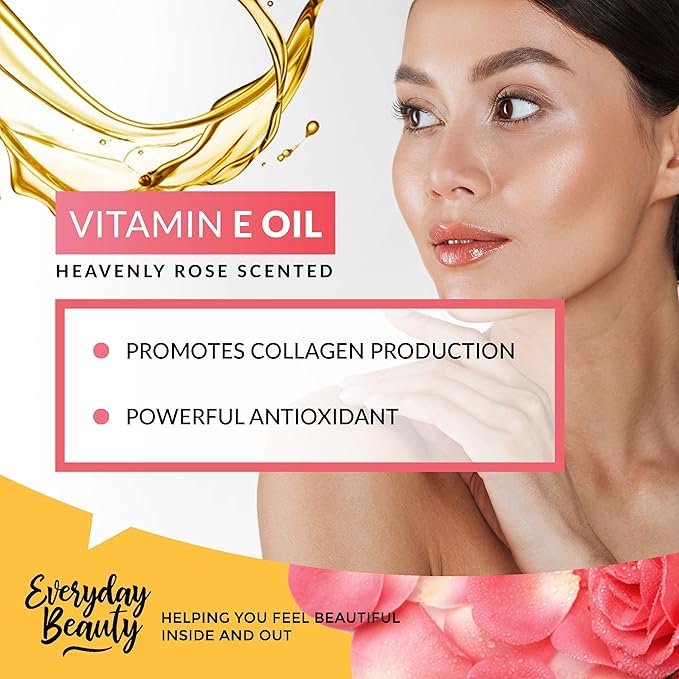 Organic Vitamin E Oil - Heavenly Rose Scented USDA Certified 100% All Natural Plant Based 8oz - Light and Rose Scented Great for Scars After Surgery - For Face, Skin and Nails