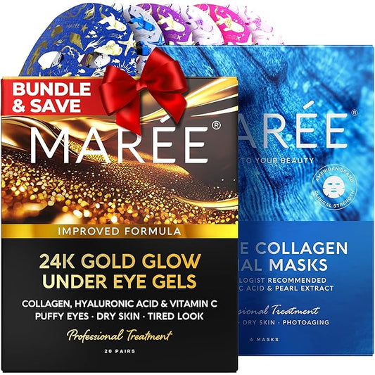 MAREE Ultimate Eye and Face Revitalization Bundle - 24K Gold Under Eye Patches & Collagen Facial Masks for Ageless Beauty for Total Skin Rejuvenation