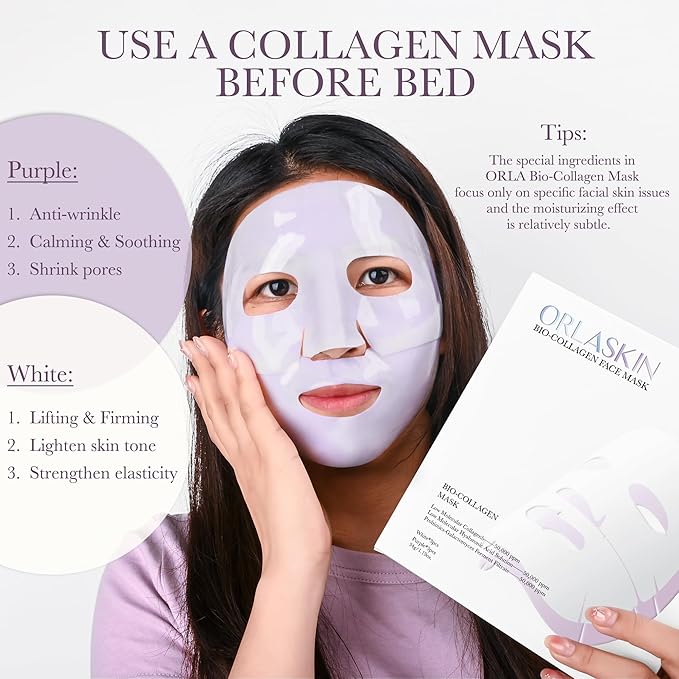 6PCS Collagen Face Mask Overnight Bio-Collagen Real Deep Mask Skincare Deep Collagen Anti Wrinkle Lifting Mask for Pore Minimizing Firming Elasticity and Wrinkle(3pcs White&3pcs Purple)