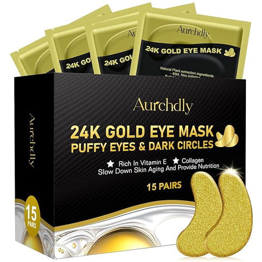 Under Eye Patches(24K Gold 15 Pairs), Gel Eye Mask for Reduce Dark Circles, Puffy Eyes,Undereye Bags, Wrinkles,-with Hyaluronic Acid & Collagen,Eye Treatment Skin Care for Men & Women Gift