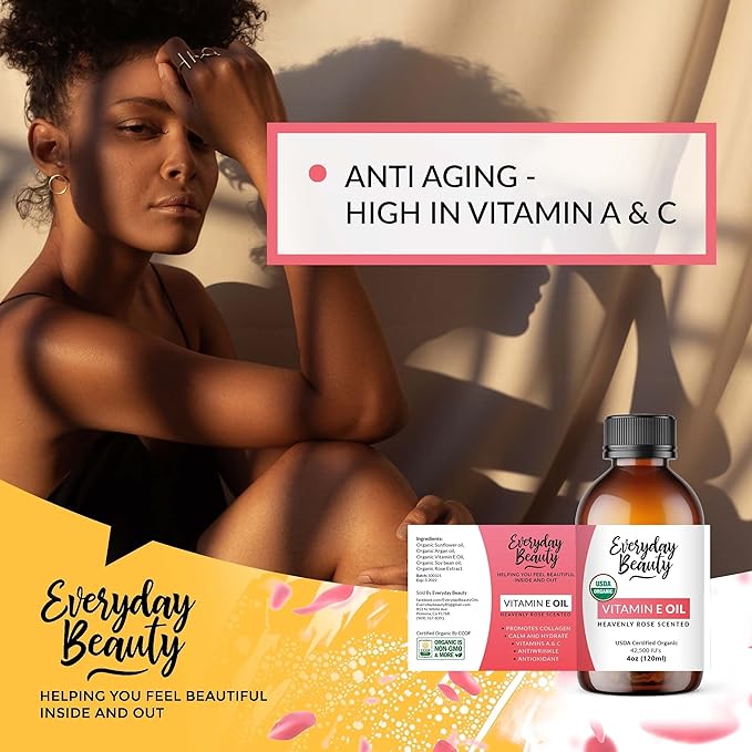 Organic Vitamin E Oil - Heavenly Rose Scented USDA Certified 100% All Natural Plant Based 4oz - Light and Rose Scented Great for Scars After Surgery - For Face, Skin and Nails