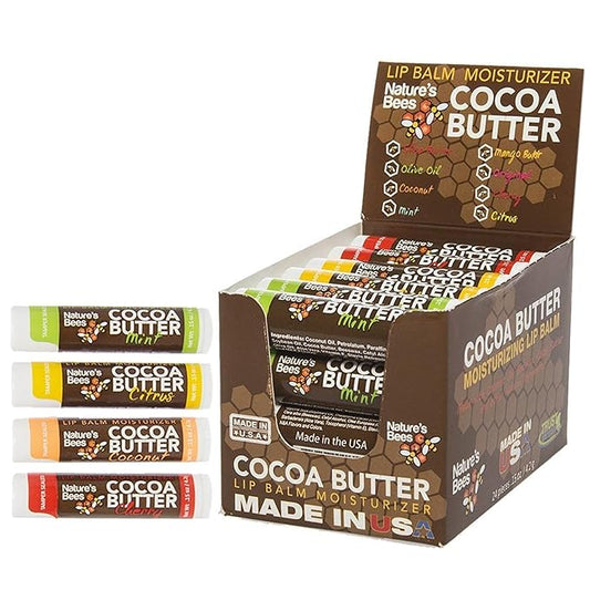 Nature's Bees Cocoa Butter Lip Balm, Lip Care for Dry Lips, Made with Coconut Oil, Beeswax, Vitamin E, Aloe, and Shea Butter, 0.15 oz Each, 4 Flavors, Citrus, Coconut, Cherry, and Mint, 24 Pack