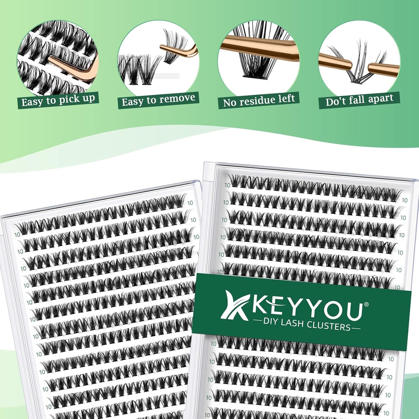 Lash Clusters 300pcs Individual Lashes 40D 0.07D Curl 10mm DIY Eyelash Extension KEYYOU Large Tray Volume Soft&Natural Cluster Lashes(40D-0.07D,10）