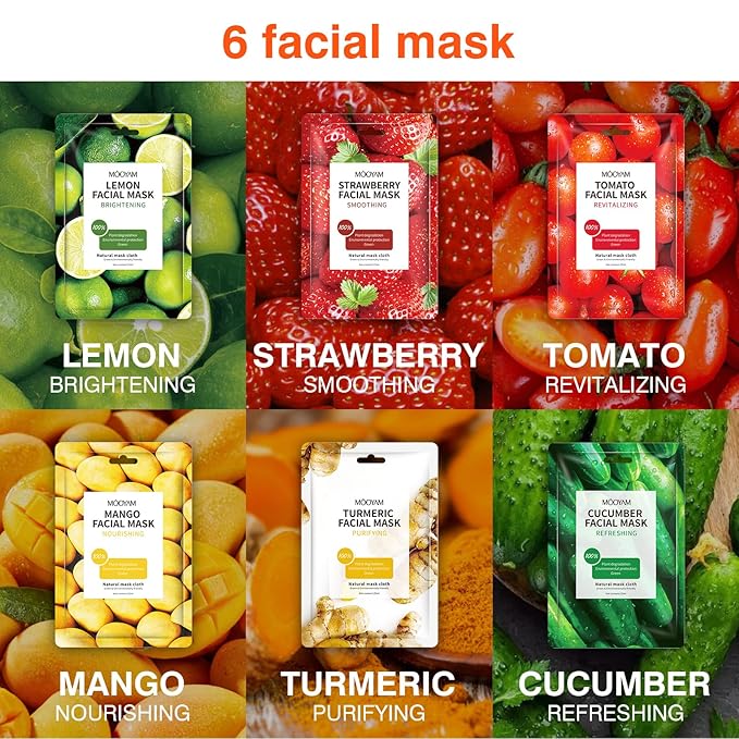 Face Mask Skincare - 24 Sheet Masks, Spa Party Face Masks, Natural Ingredients, Moisturizing & Soothing - Suitable for All Skin Types