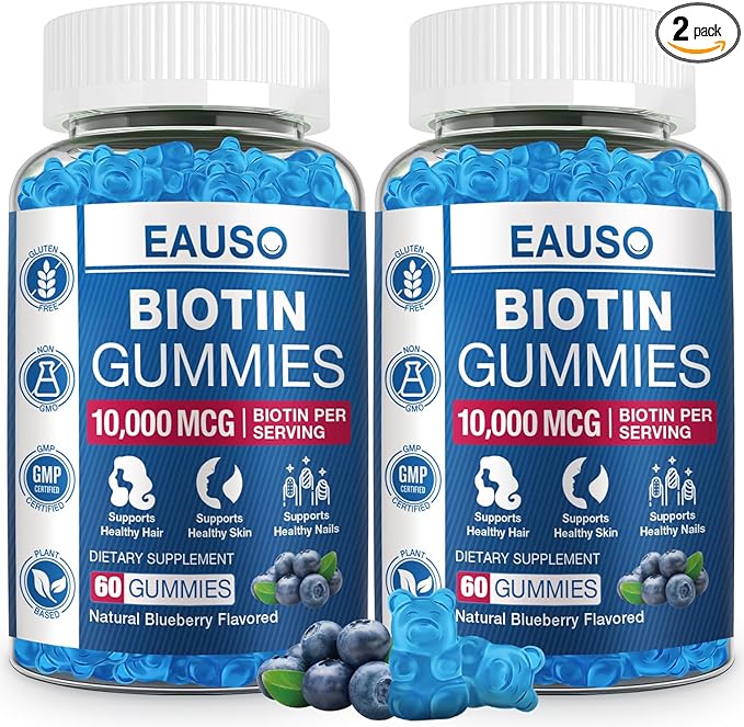 (2 Pack) Biotin Gummies 10,000mcg for Healthy Hair, Skin & Nails for Adults - 120 Gummies Vitamin - Vegan, Non-GMO, Pectin-Based Hair Health Supplement