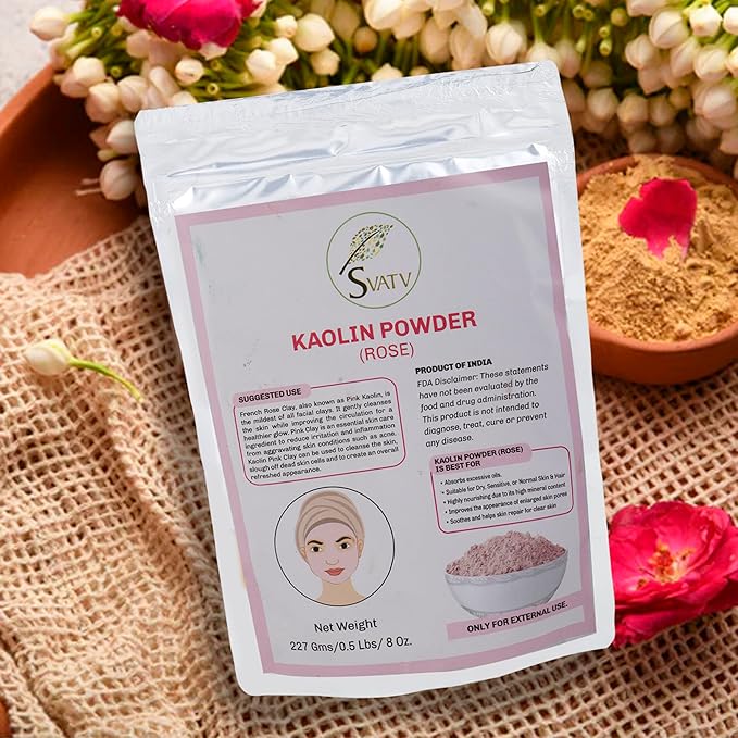SVATV Kaolin Clay Rose Natural For Face Mask Herbal Skin Face Powder Makeup, Bath Bomb Clay, DYI Spa Mud Mask For Face & Hair & Soap Making For Men & Women 227g, Half Pound