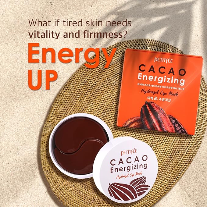 Petitfee Cacao Energizing Hydrogel Eye Mask 60ea (30pairs) - Nourishing Eye Patch with Cacao Seed Butter, Brazil Nut, Pine Nut, Macadamia, Revitalizes Under Eyes, Cooling, Firming, Hydrating Eye Care