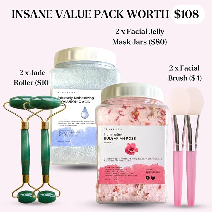 Jelly Face Mask for Facials - Rose + Hyaluronic Acid (Pack of 2) - Hydrating Glowing & Nourishing - Free Jade Roller & Spatula - Professional Hydrojelly Masks -Perfect for Vajacial - 46 Oz Jar