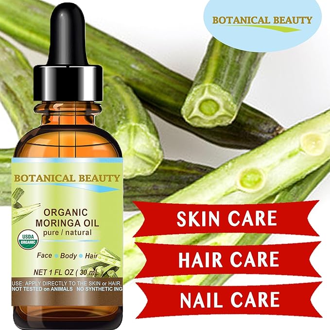 Botanical Beauty‎ Organic Moringa Oil 100% Pure Natural Undiluted 1 Fl.oz.- 30 ml. for Face Skin, Hair, Lips, Body, Nails Rich in Vitamin C, Vitamin E