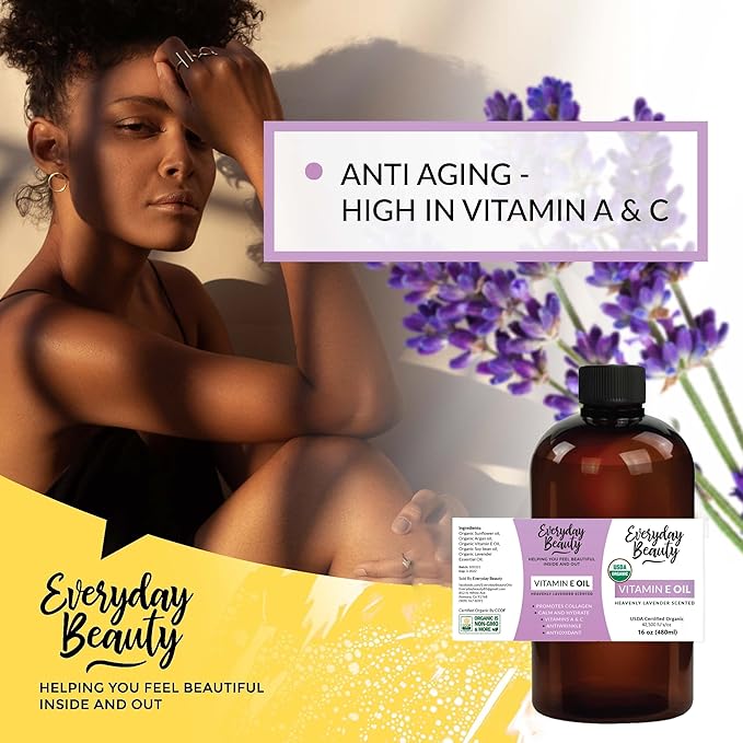 Organic Vitamin E Oil - Heavenly Lavender Scented 16 oz Bulk USDA Certified 100% All Natural Plant Based - Lightweight and Great for Scars After Surgery - For Face, Skin and Nails