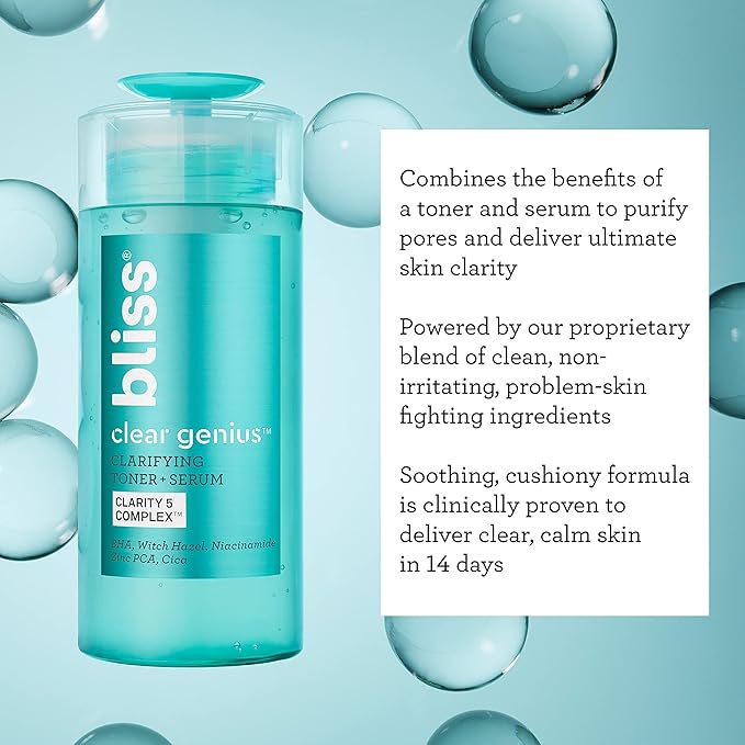 Bliss Clear Genius Clarifying Toner + Serum - 4.3 Fl Oz - Purifies Pores, Tones, Calms & Clears Skin - Salicylic Acid, Niacinamide & Witch Hazel - Clean Paraben Free - Vegan & Cruelty-Free