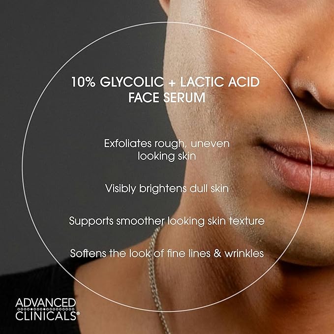 Advanced Clinicals Exfoliating 10% Glycolic Acid Serum For Face + Lactic Acid | Facial Exfoliant AHA + Salicylic Acid Serum To Improve Look Of Large Pores, Uneven Skin Tone, & Dark Spots, 1.75 FL Oz