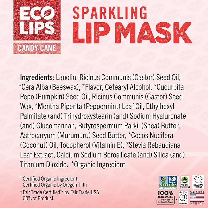 Eco Lips Sparkling Vanilla Mint Candy Cane Lip Mask and Sugar Lip Scrub for Holiday Gifting, Stocking Stuffers, 0.25 oz. (2 ct)