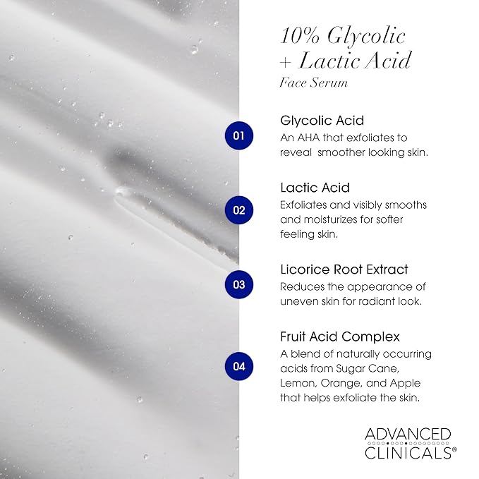 Advanced Clinicals Exfoliating 10% Glycolic Acid Serum For Face + Lactic Acid | Facial Exfoliant AHA + Salicylic Acid Serum To Improve Look Of Large Pores, Uneven Skin Tone, & Dark Spots, 1.75 FL Oz