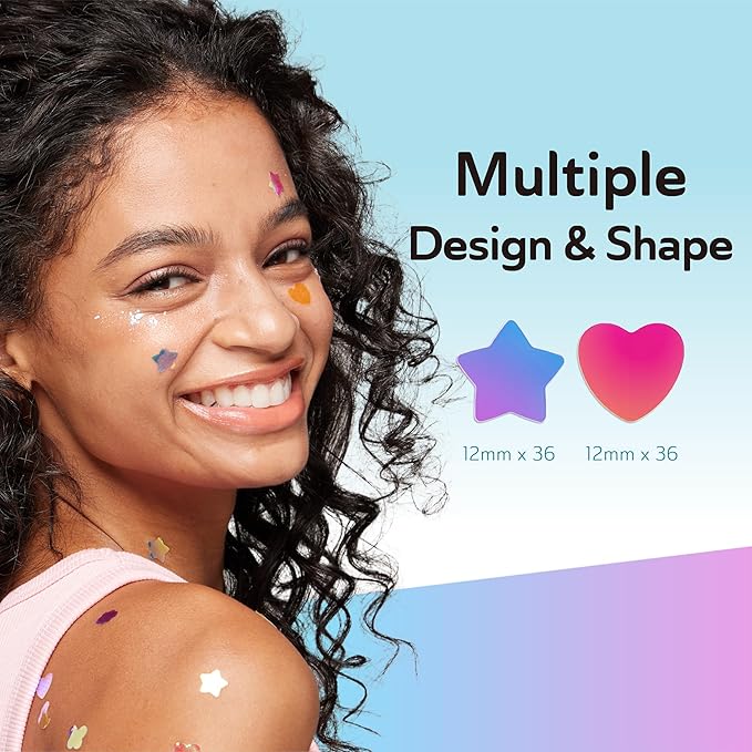 Star Pimple Patches for Face, Cute Acne Patches with Salicylic Acid, CICA & Tea Tree Oil, 96 Holographic Star Moon Heart Butterfly Patches, 7X Absorbency Pimple Patches for Teens (2 Designs, 36 Each)