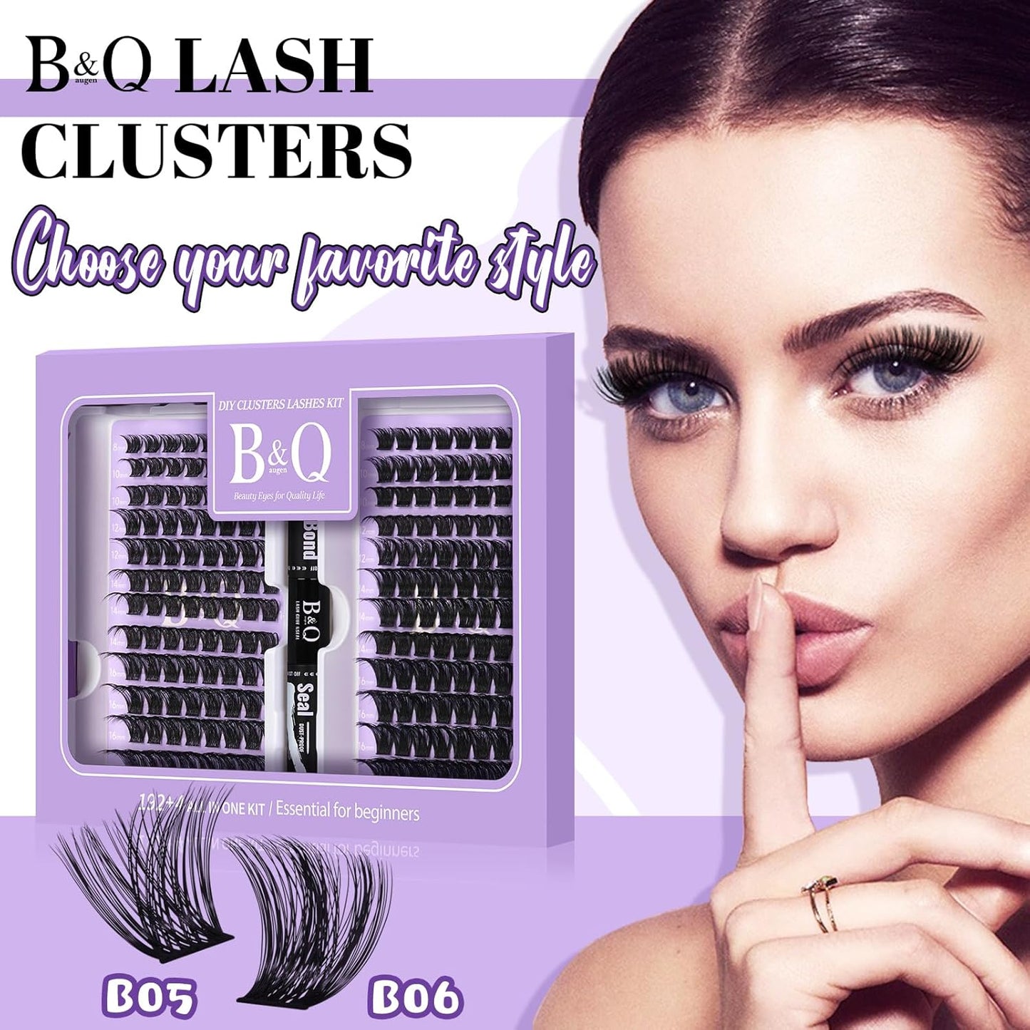 B&Qaugen Lash Extension Kit 192 PCS Eyelash Extension Kit D Curl Lash Clusters Kit Wispy Individual Lash Kit DIY Lash Extension Kit with Lash Glue and Remover Applications (B05+B06, Kit)