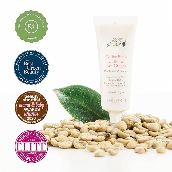100% PURE Coffee Bean Caffeine Eye Cream Refresh & Hydrate Under Eye Treatment Reduce Puffiness, Dark Circles, Wrinkles with Green Tea, Rose Hip, Vitamin E - Youthful Vibrant Eyes - Vegan - .3 oz