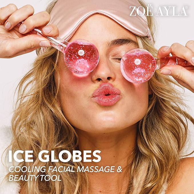 Zoe Ayla Ice Globes, 2 pcs - Face Ice Roller for Relaxing and Reducing Fine Lines - Tightening and Depuffing Skin - Ideal for Tired Eyes - Travel Sized Facial Massager with Cute Sparkles