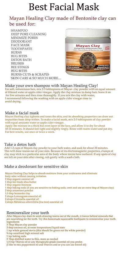 Mayan Pure Indian Healing Clay Powder, Deep Pore Skin Cleansing, Body and Hair Mask, Natural Calcium Bentonite Clay