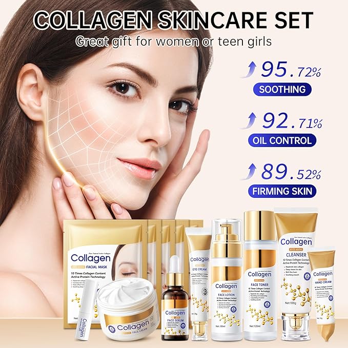 Collagen Skin Care Set,13-In-1 Travel Skincare Kits for Firming Skin, Shrink Pores, Anti Aging Skincare Set for Reduce Wrinkles.Smooth Fine Lines.Hydrating,Facial Kits for Women & Girls.