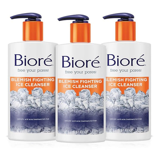 Bioré Blemish Fighting Ice Cleanser Face Wash with Salicylic Acid, Clears and Helps Prevent Acne Breakouts, Cools & Refreshes Skin, Oil Free, 6.77 Oz (Pack of 3)