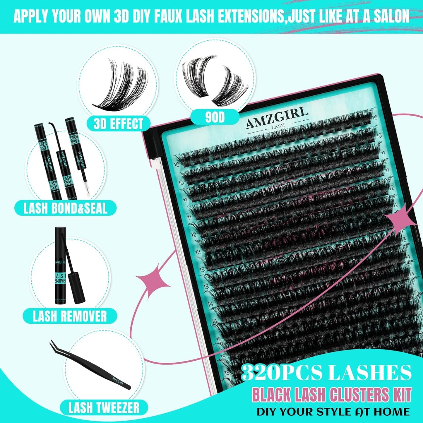 Lash Clusters Kit 320Pcs, 90D DIY Individual Eyelashes Extension With Bond, Seal, Remover, Applicator Tool for False Cluster At Home (D-Mix10-16mm)