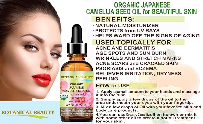 Botanical Beauty Japanese ORGANIC CAMELLIA Seed Oil. 100% Pure Natural Undiluted Refined Cold Pressed Carrier Oil to revitalize and rejuvenate the hair, skin and nails. 2 Fl. oz 60 ml