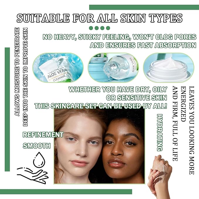 10Pcs Skin Care Kit,Skincare Gift Set with Facial Cleanser,Toner,Serum,Eye Cream, Face Cream,Exfoliating Gel,Sleeping Lip Mask & 3 Pcs Aloe Vera Mask Kit for Women