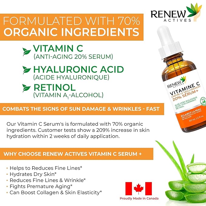 RENEW ACTIVES Vitamin C Serum - Brightening & Anti-Aging Formula - Reduces Dark Spots, Fine Lines & Wrinkles - Promotes Even Skin Tone - Hydrating & Antioxidant Protection - Made in Canada - 2 fl oz