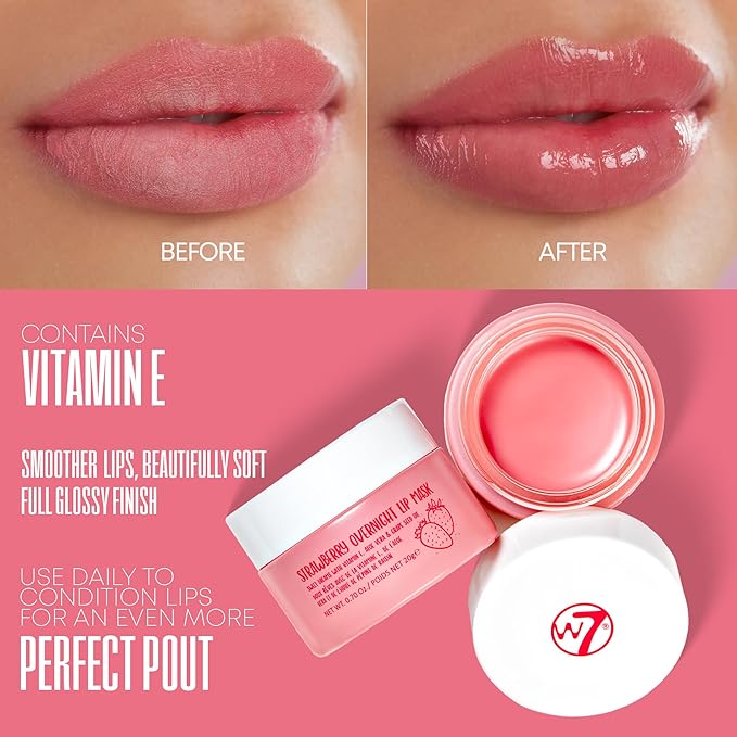 W7 Super Sweet Dreams Strawberry Lip Mask - Vitamin E, Aloe Vera and Grape Seed Oil - For Hydrated, Full Looking & Irresistible Lips - 0.67 Fl Oz