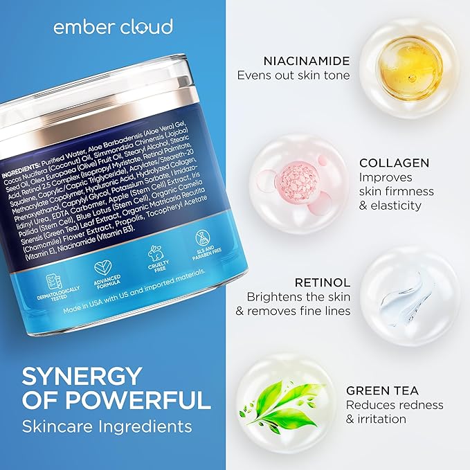 Collagen Face Cream with Stem Cells Retinol Hyaluronic Acid Niacinamide - Anti-Aging Collagen Face Moisturizer with Airless Pump - Day & Night Moisturizer for Wrinkles - Made in USA