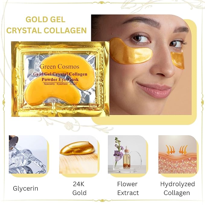 Green Cosmos. 30 Pairs 24k Gold Under Eye Patches, Gold Crystal Collagen Eye Mask, Dark Circles Treatments, Removes Under Eye Bags, Collagen Gel Pads for smooth skin, Eye Pads for puffiness