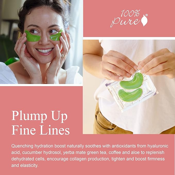 100% PURE Bright Eyes Masks Under Eye Skincare Wrinkle Smoothing Replenishment Diminish Dark Circles, Puffiness - Hydrating & Moisturizing Patches For Tired Eyes & Morning Bags - Vegan - 1 Pack