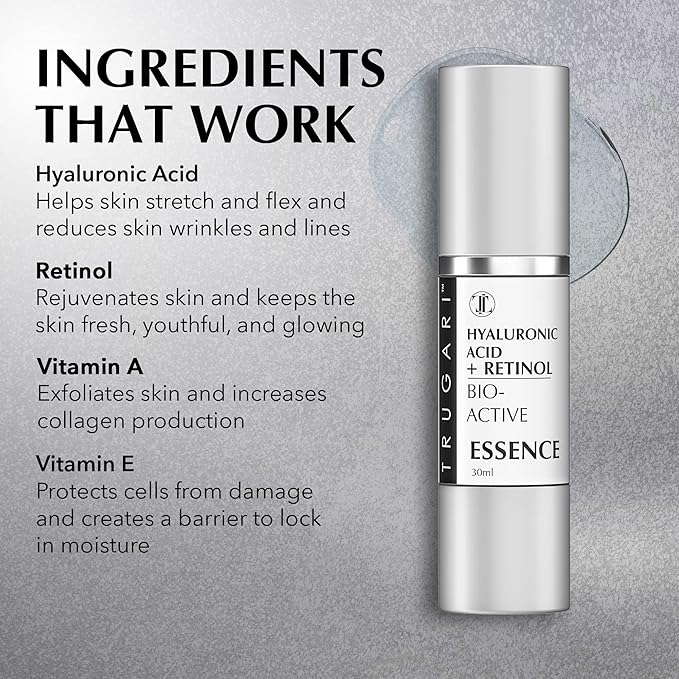 Hyaluronic Acid + Retinol Serum Bio-Active Essence, Powerful Face Moisturizer with Vitamins A, C, E and D-Panthenol, Day and Night Facial Serum, Reduces Fine Lines and Dryness, 30 ml