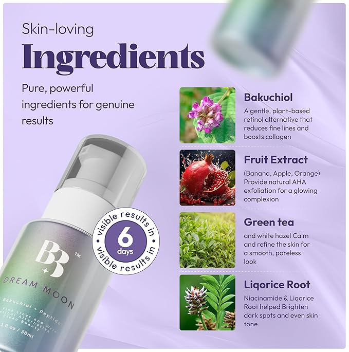 Bakuchiol Retinol Serum Alternative - Dream Moon Anti Aging Serum with Hyaluronic Acid, Schisandra, Peptides & Jojoba, Reduces Fine Lines & Wrinkles, Hydrating Face Moisturizer, All Skin Types, 1 oz