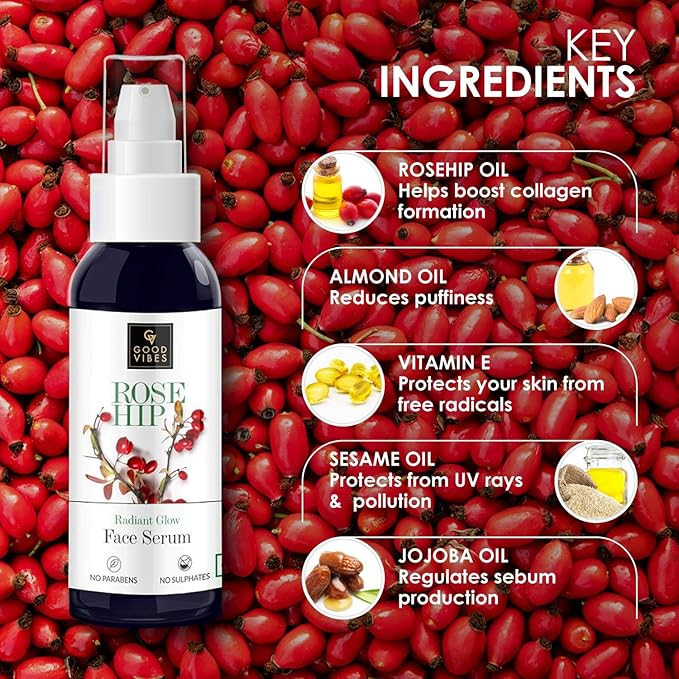 Good Vibes Rosehip Face Serum | Hydrating & Nourishing Formula for Smooth, Even Skin | Rich in Antioxidants & Natural Oils | Lightweight, Non-Greasy | No Parabens or Sulphates | 1.01 Fl Oz (30ml)