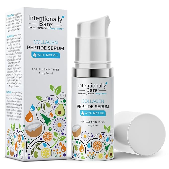 Intentionally Bare Collagen Serum for Face with MCT Oil - Collagen Peptide with Hyaluronic Acid for Fine Lines - Glow & Anti Aging Peptide Serum for All Skin Types - Firming Solution for Women - 1oz