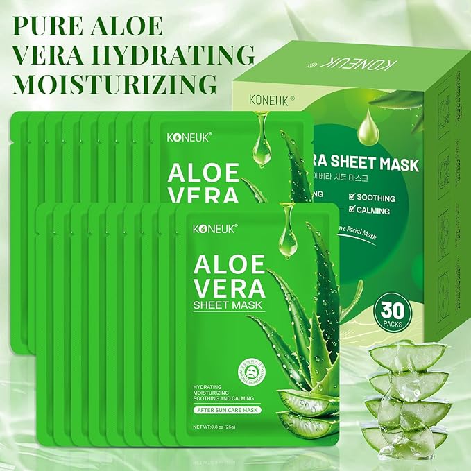 30 Pack Aloe Vera Hydrating Face Masks Skincare, Moisturizing & Soothing Sheet Face Mask for Skin Care, Bulk Aloe Face Masks for After Sun Care and Sunburn Relief