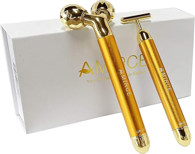 Amirce Face Massager Roller Golden 3D Roller Electric Facial Roller and T Shape Facial Roller Massager Kit Face Roller