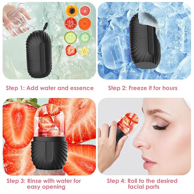 Ice Face Roller, Silicone Facial Ice Roller, Reusable Skin Care Massager Tools for Relieve Puffiness, Tighten Skin, Shrink Pores Shell Black