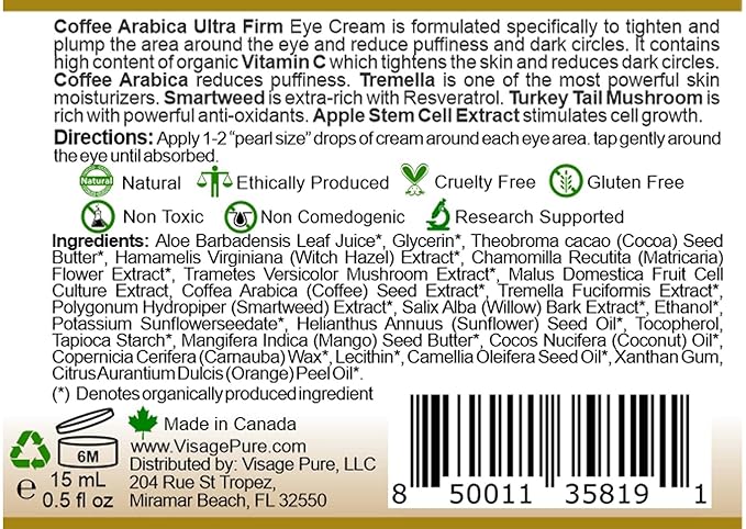 Caffeine Ultra Firm Eye Cream -Powerful Hydrating, Softening, and Firming Eye Cream. Fights Wrinkles, Puffiness, and Dark Circles - Organic - Physician Formulated - Research Supported