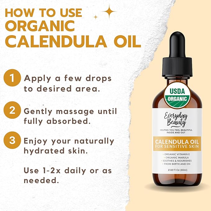 Organic Calendula Oil For Sensitive Skin - USDA Certified 100% Plant Based, Lightweight & Unscented Gentle Soothing Oil For Sensitive Skin - For Face, Skin & All Over - 2.02 Fl Oz Glass & Dropper