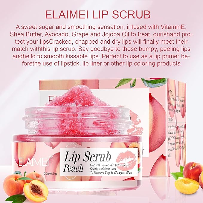 Lip Scrubs Exfoliator & Moisturizer, Lip Repair for Lush Soft Lips, Lip Moisturizer for Chapped Dry and Flaky Lips Treatment (Peach)